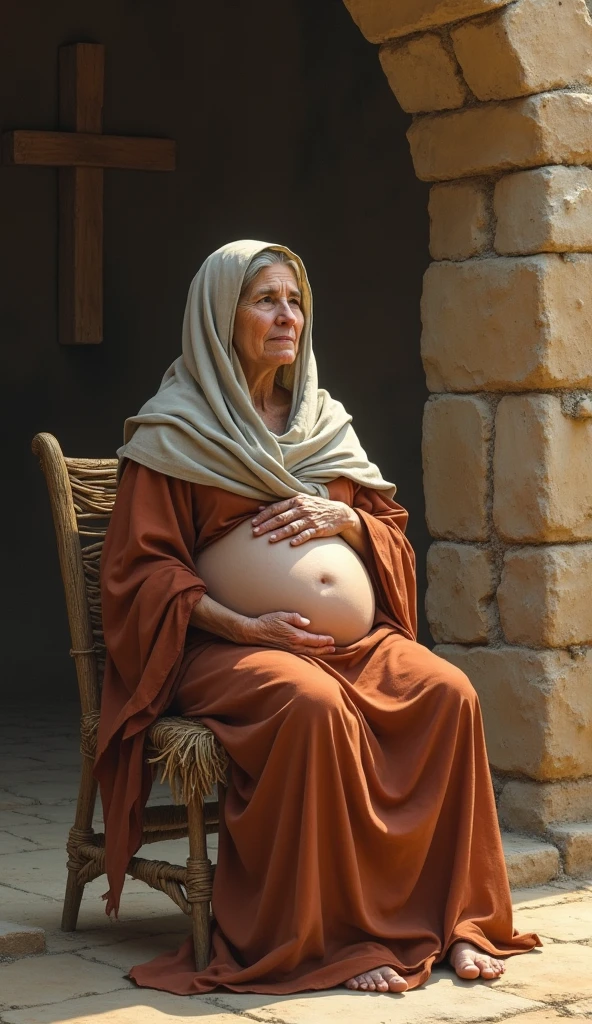 A 60-year-old woman, pregnant. simple stone house. sitting on a straw chair. Nazareth region. Saint Isabel, biblical. long clothing. modesty.