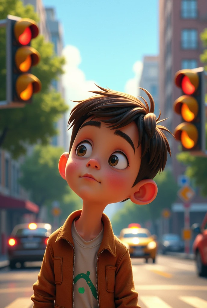 Draw a boy named Carlitos who has brown, straight hair and is . . Carlitos loved cars and bicycles, But what caught his attention the most were the traffic lights.. He always wondered how they worked and why cars and people obeyed them..
