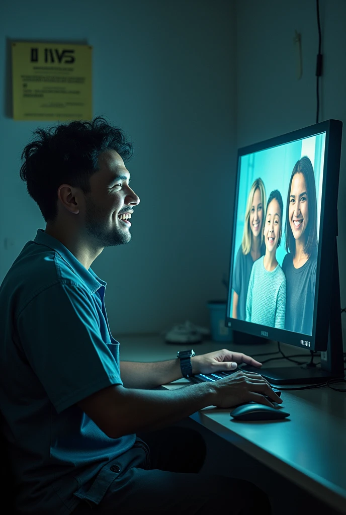 I want to create an image that has a happy inmate talking through a screen virtually with his family., and there is a virtual barrier, It can be a computer, between the prisoner and his family and that the word vivif stands out