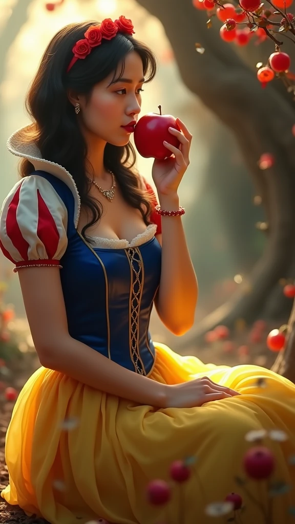 snow white, ultra realisitic, eating an apple, high quality, (RAW photo, best quality), (realistic, photorealistic: 1.4), (extremely delicate and beautiful: 1.4), amazing, fine details, masterpiece, ultra detailed, high resolution, best illustration, best shadow, intricate, ( extremely intricate: 1.2), (exquisitely detailed skin), cinematic light, perfect anatomy, (cool color: 1.4), sharp focus, 8k UHD, DSLR, (Fujifilm XT3),(iluminación cinematográfica :1.4) 