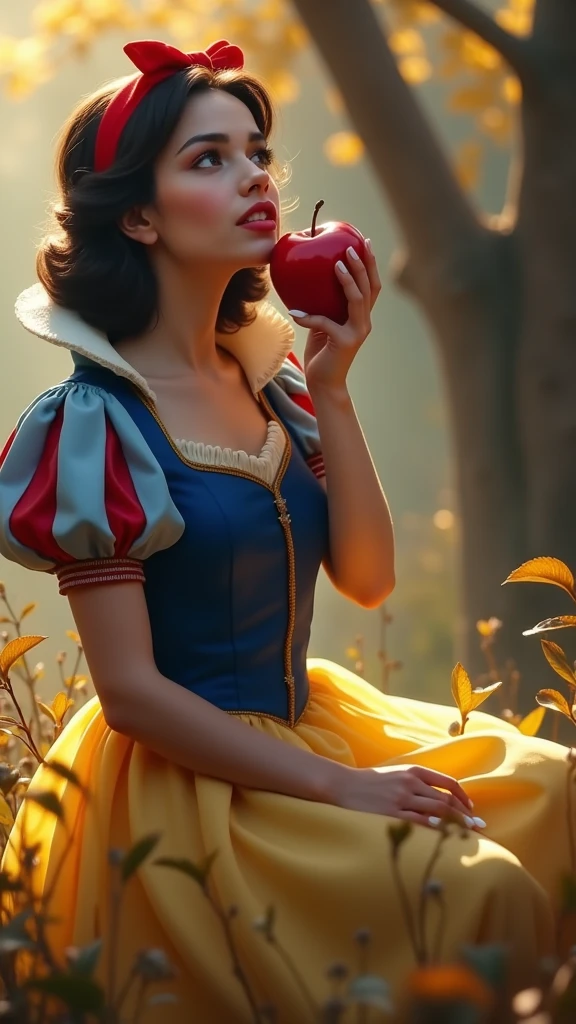 snow white, ultra realisitic, eating an apple, high quality, (RAW photo, best quality), (realistic, photorealistic: 1.4), (extremely delicate and beautiful: 1.4), amazing, fine details, masterpiece, ultra detailed, high resolution, best illustration, best shadow, intricate, ( extremely intricate: 1.2), (exquisitely detailed skin), cinematic light, perfect anatomy, (cool color: 1.4), sharp focus, 8k UHD, DSLR, (Fujifilm XT3),(iluminación cinematográfica :1.4)