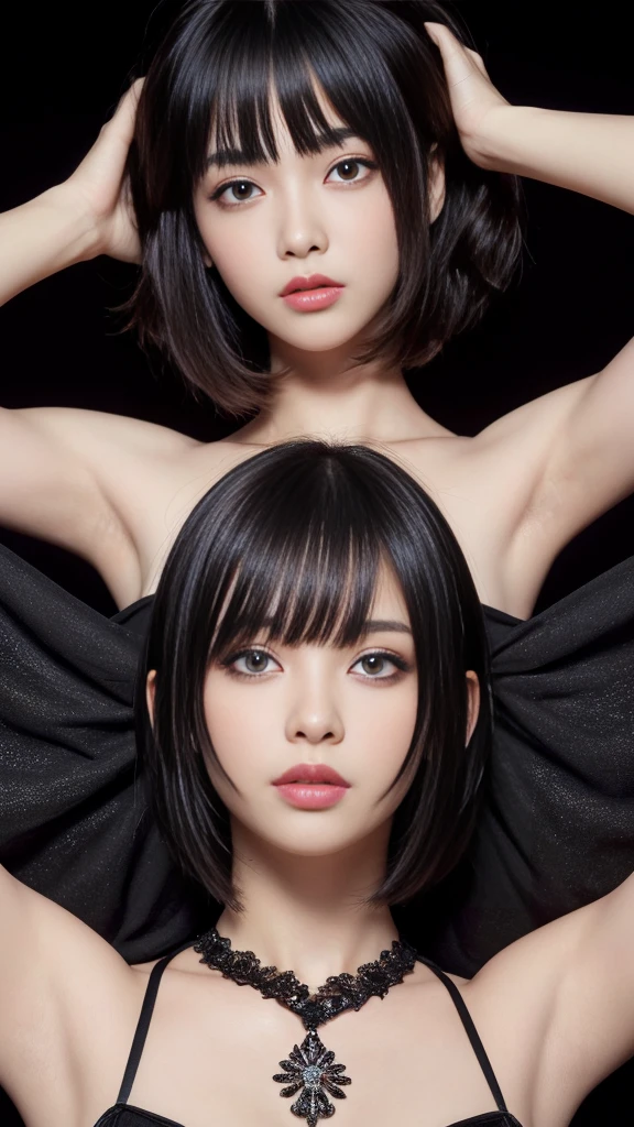 (Standing in honor:1.2,put hands hip:1.2),((from below:1.2)),(Highest quality, Very detailed, masterpiece:1.2), 1 women, Very thin body, length, Thin legs, ((Black short hair:1.2)), ((Thick and fluffy bangs)), Very detailedな顔,A faint smile, small, Thin Nose, small thin mouth, Extremely sharply focused eyes, Japanese, Beautiful Face, Realistic eyes, Beautiful and beautiful eyes, Realistic Skin, Beautiful Skin, charm, (A vivid face), Beautiful Hairstyles,((black color night-gown)),Creepy and unique hairstyles, High resolution, Vibrant color palettel, Amazing place,((Background plain white))
