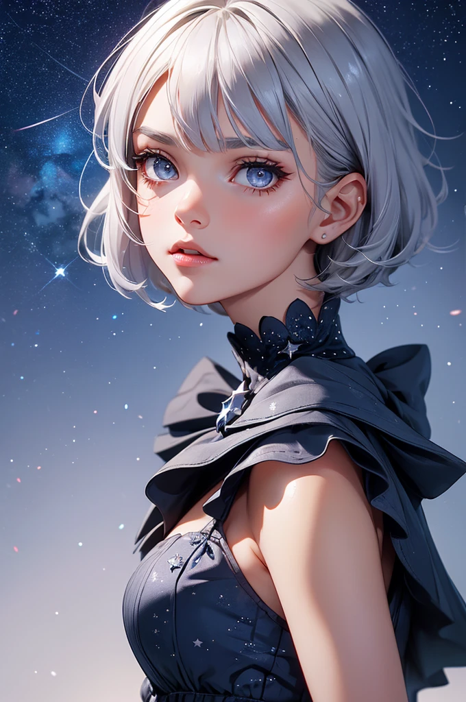 Grey Hair Short Hair Grey Eyes beautiful girl Star hair ornament Navy blue star pattern dress night Starry Sky
