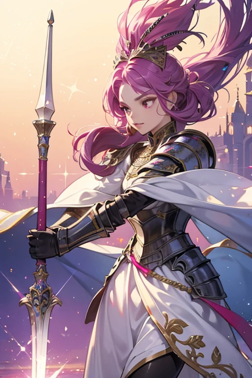 Chiquita is wearing a fully armored knight with a magenta feather on top of her knight helmet. Her weapon that she uses in battle is a spear staff that has a silver plus-shaped on top SPARKLE; GLITTER