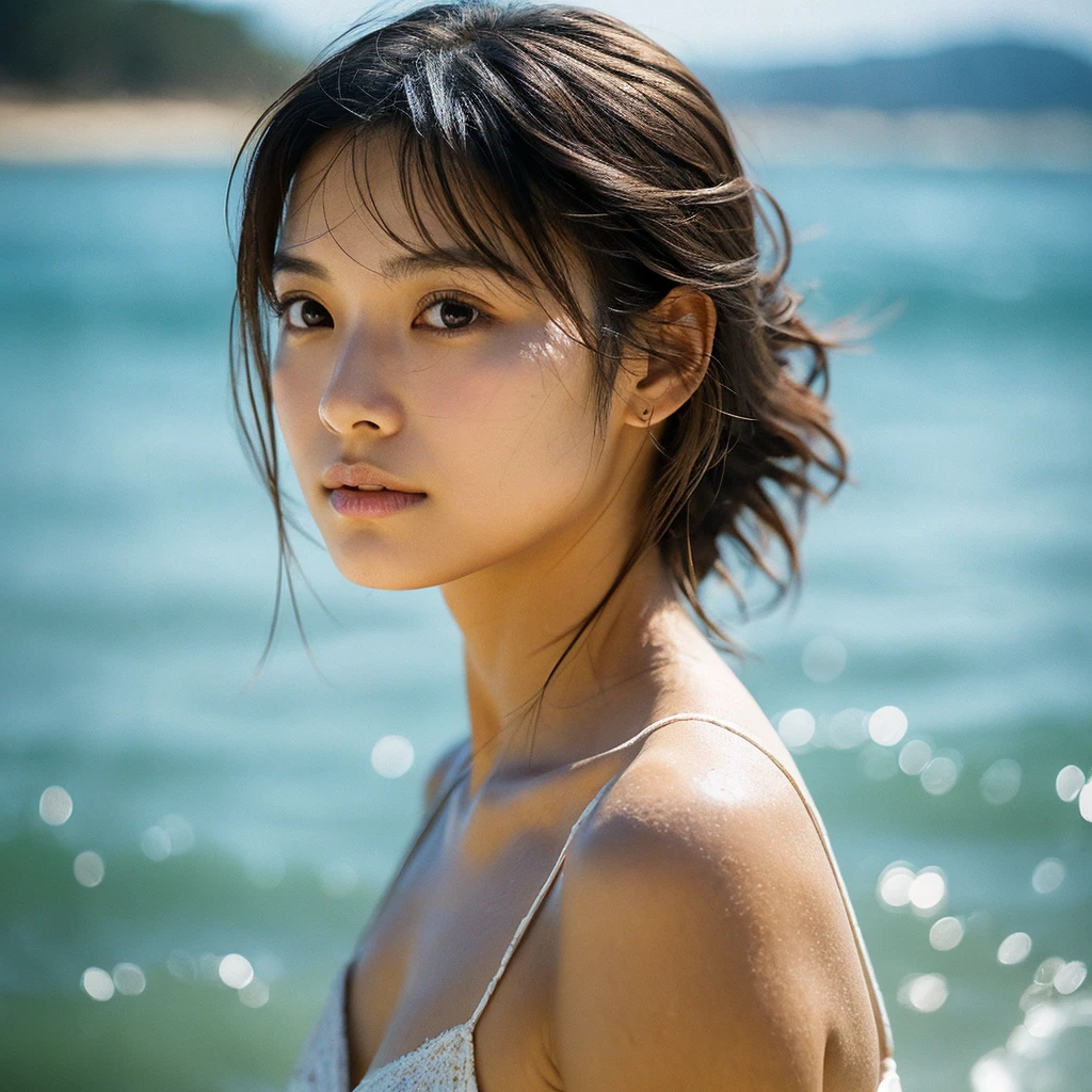A hyper-realistic image of a single Japanese woman in her early 20s, captured with the nostalgic warmth and pronounced graininess of a film camera, showing her from the shoulders up as she stands on a sunlit beach. Her skin has a warm beige tone with a natural, visibly rough texture that includes pronounced pores, fine lines, and subtle imperfections such as small blemishes, slight unevenness, and a hint of sun exposure, contributing to the authenticity of her appearance. The texture of her skin is intentionally less smooth, with a tangible roughness that enhances the realism, making the surface appear slightly weathered by the elements. The soft, diffused natural light illuminates her face and shoulders with a gentle touch, casting shadows that subtly reveal the unevenness of her skin. Her straight, glossy black hair flows naturally in the ocean breeze, framing her face, and her deep brown eyes reflect the soft sunlight and the shimmering sea. The film camera effect amplifies the grain and texture, creating a warm, nostalgic atmosphere while maintaining the deliberately rougher, less polished texture of her skin. The composition, focused on her upper body, captures the serene elegance of the beach setting, highlighting the natural interaction of light and shadow on her skin. This combination of a rough, realistic skin texture, soft natural light, and the grainy film-like qualities ensures that the image presents an authentic, lifelike portrayal of the woman, centered on her face and shoulders.