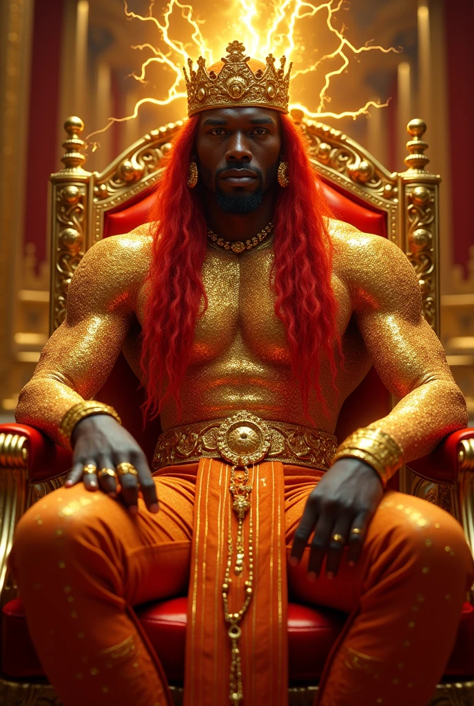 Black man in a golden and red hall. Upper Body encrusted in gold. Golden eyes. Sultry look. Long red hair that reaches his feet. Golden crown on head that reaches his forehead. Long golden earrings. Full Finger Chinese style gold rings. Filled with golden lightening. Sitting on a throne. Ultra high quality.