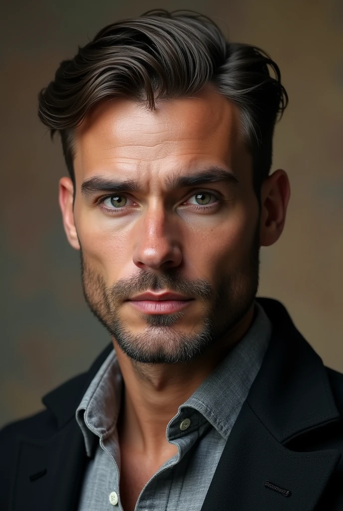 Create a man with an oval face, Italian style aquiline nose, with straight hair and a French crop cut, tall and a little stocky