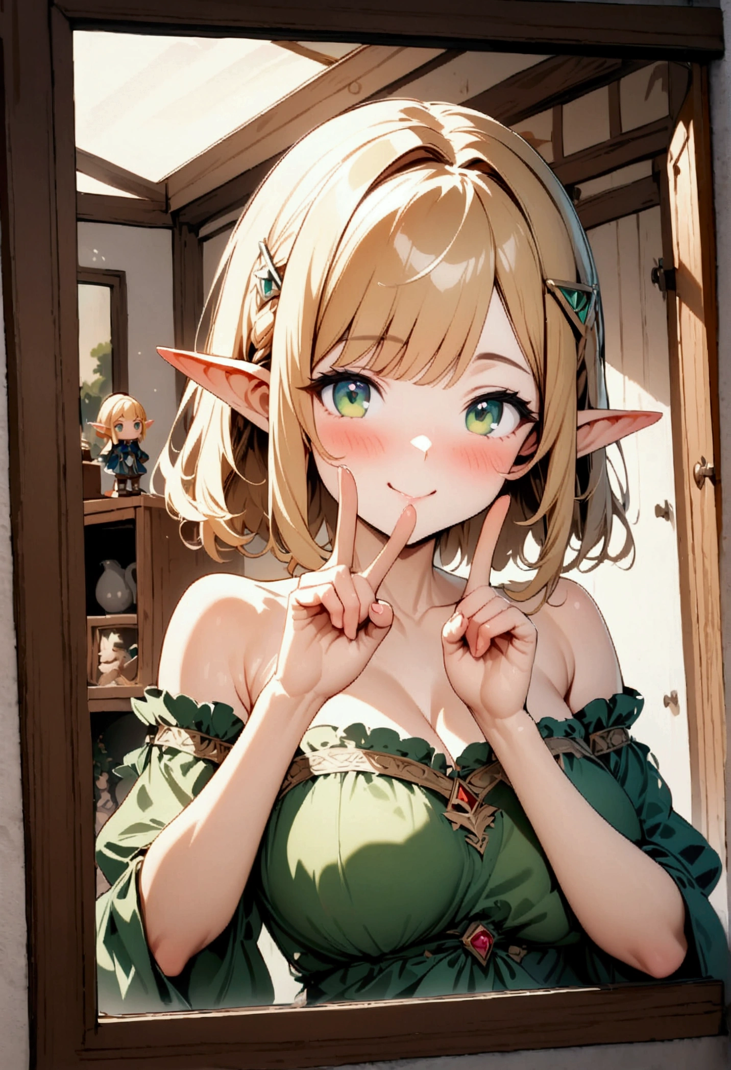 1girl, solo, super fine illustration, an extremely delicate and beautiful, best quality, masterpiece, 8K, Princess Zelda\(The Legend of Zelda series\), vibrant short blonde hair, bob cut, Braided hair, triangular hair clips, hair clips on the left and right side of the bangs, emerald green eyes, elf ears, voluptuous, well-proportioned figure, anatomically perfect, detailed beautiful face, cheerful expression, radiant smile, blushing cheeks, peace sign, off-shoulder wide-open blouse, taking selfie, mirror selfie, bedroom setting, cork board visible, miraculous shot, cinematic angle, official art style, daring composition, sensual image, perfect AI-assisted, world-class artwork, upper body focus, light entering from window, soft lighting