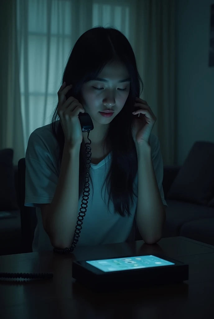 In night 20 year old asian female (black long hair), received a call on the living room desk phone. She wears casual clothes. Mistery style, cinematic lightning
