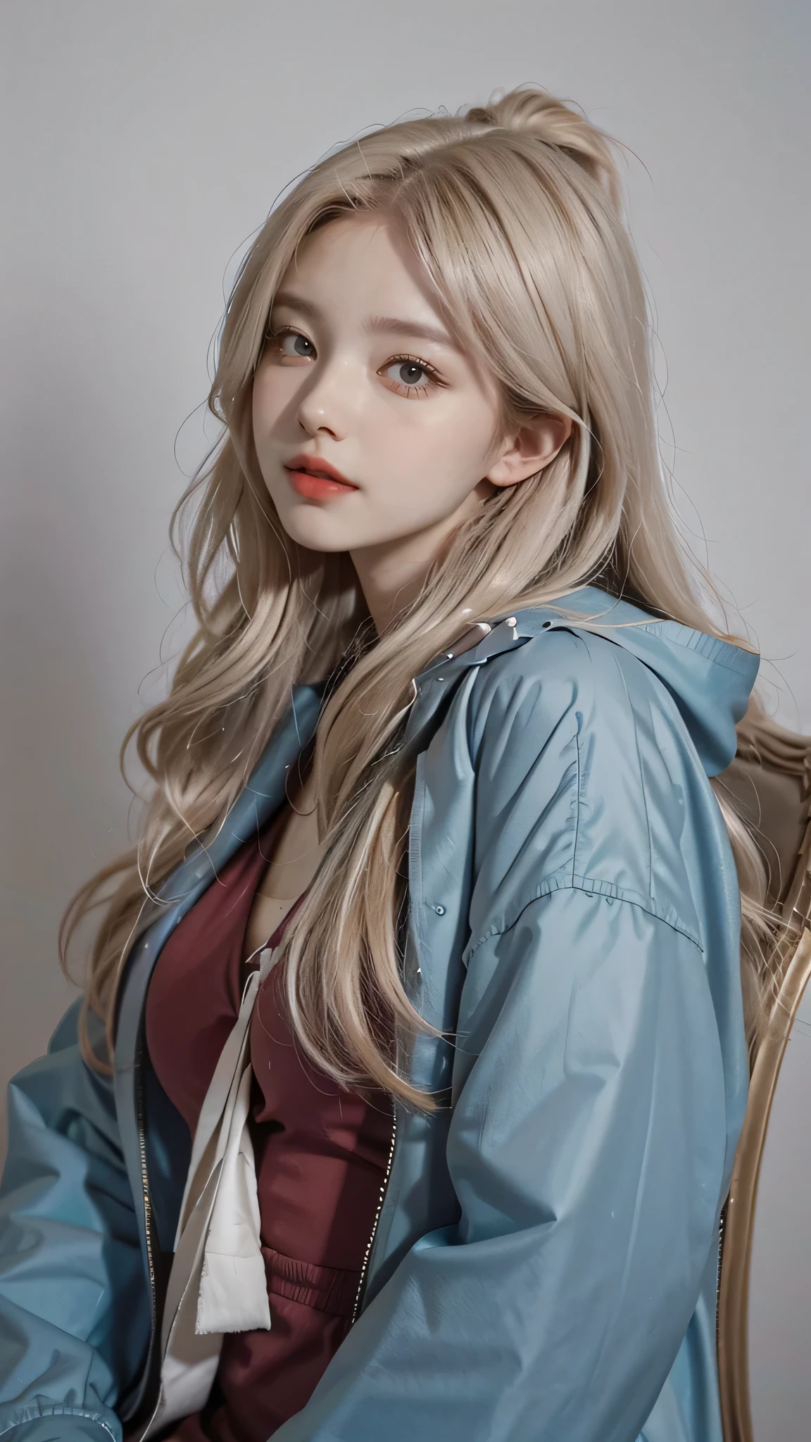Girl wearing, luxury  cyan coat, shoulder length hair, wavy hair, glowing skin, star in eye, red lips, grey  background, cute poses , upper body, light blonde hair, full coat.