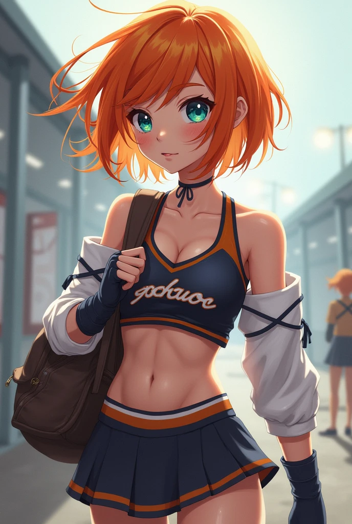 bare shoulders, blue eyes, blurry background, blush, cheerleader, colored skin, croptop, gloves, groin, hetero, heterochromia, holding, midriff, bra, orange hair, school bag, shirt lift, shirt wind lift, short hair, sleeveless, solo, very long hair, twintails, underboob, upskirt, white gloves, wind croptop, underboob, bra, crop top overhang, wardrobe malfunction, microshirt, undersized shirt, shirt wind lift