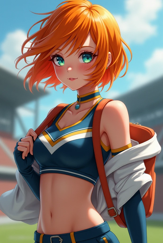 bare shoulders, blue eyes, blurry background, blush, cheerleader, colored skin, croptop, gloves, groin, hetero, heterochromia, holding, midriff, bra, orange hair, school bag, shirt lift, shirt wind lift, short hair, sleeveless, solo, very long hair, twintails, underboob, upskirt, white gloves, wind croptop, underboob, bra, crop top overhang, wardrobe malfunction, microshirt, undersized shirt, shirt wind lift