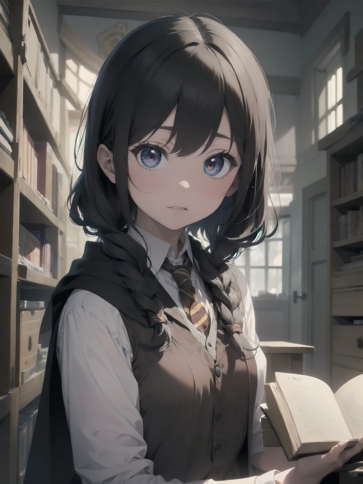 Masterpiece, Top Quality, Absurd, High Resolution, Subject Seismic, Animation Style Illustration with Mock Pause, 1 Girl, Solo, Cute random hairstyle, beautiful random expression and face, random age, slender, random clothing for situation,wizard robes, wand, magical castle, owl, spell book, (Hogwarts: 1.2), magic, wonder, (Harry Potter inspired: 1.3), mysterious atmosphere, details