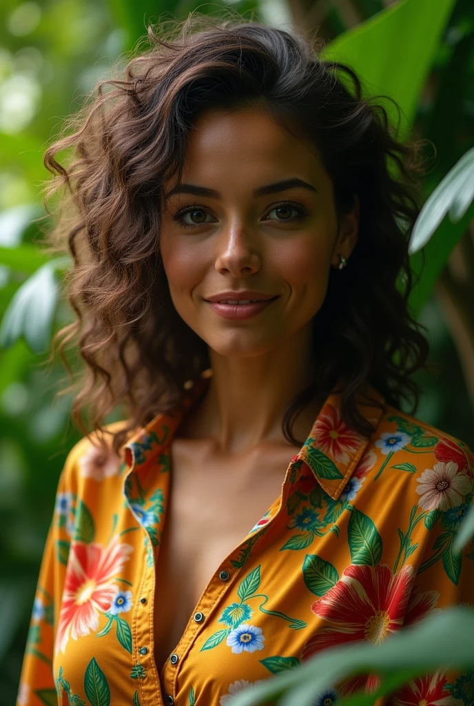 A Brazilian woman in a lush tropical garden, wearing an open shirt with a floral print, with a close-up capturing the harmonious beauty between her breasts and the natural flowers, showing off your natural charm and outgoing personality.