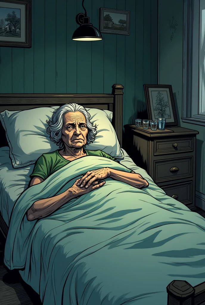 comic: An old woman in bed who is very sick