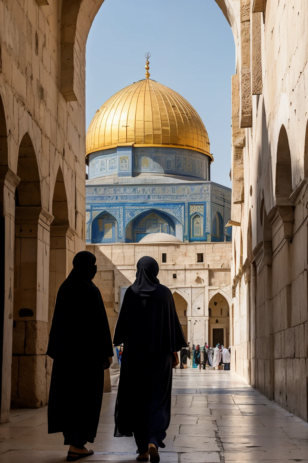 In the heart of Jerusalem, the majestic Al-Aqsa Mosque rises proudly, its golden dome glinting in the midday sun, a powerful symbol of faith and resilience. The air is thick with tension, as Israeli soldiers, clad in military uniforms, stand in rigid formation at the perimeter, their expressions unreadable yet stern, eyes scanning the crowd with a mix of vigilance and determination. Nearby, a group of veiled Palestinian women congregates, their traditional garments flowing softly in the warm breeze. Their faces, framed by the delicate fabric of their hijabs, reveal a tapestry of emotion—sorrow etched into their features as they quietly share whispered stories of loss and hope among themselves, yet their eyes sparkle with an unwavering resilience, reflecting a strength that defies their circumstances. 

The sound of the bustling city surrounds them; distant calls of vendors hawking their goods, mingling with the faint echo of prayers rising from within the sacred mosque, creating a poignant backdrop that embodies both devotion and struggle. As the sunlight casts intricate shadows along the cobblestone paths, the scene radiates a profound sense of history and conflict, where spirituality intersects with the harsh realities of life. In this moment, the mosque stands not only as a place of worship but also as a poignant reminder of the ongoing struggle, encapsulating the hopes and dreams of a people entwined in a complex narrative that stretches through generations.