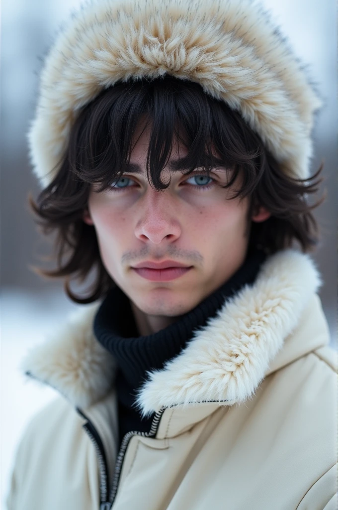 Real life, White young  man with black hair, Bangs in the hair, shoulder length hair with Bangs, ushanka hat, russian young man, white coat, male 