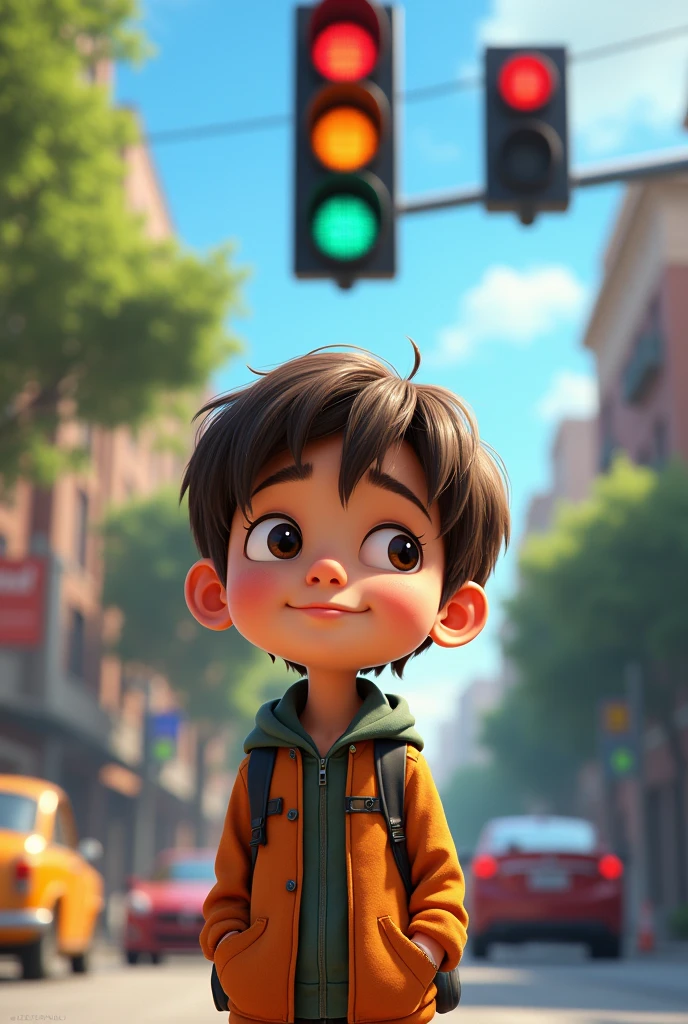 Draw a boy named Carlitos who has brown, straight hair and is . . Carlitos loved cars and bicycles, But what caught his attention the most were the traffic lights.. He always wondered how they worked and why cars and people obeyed them..