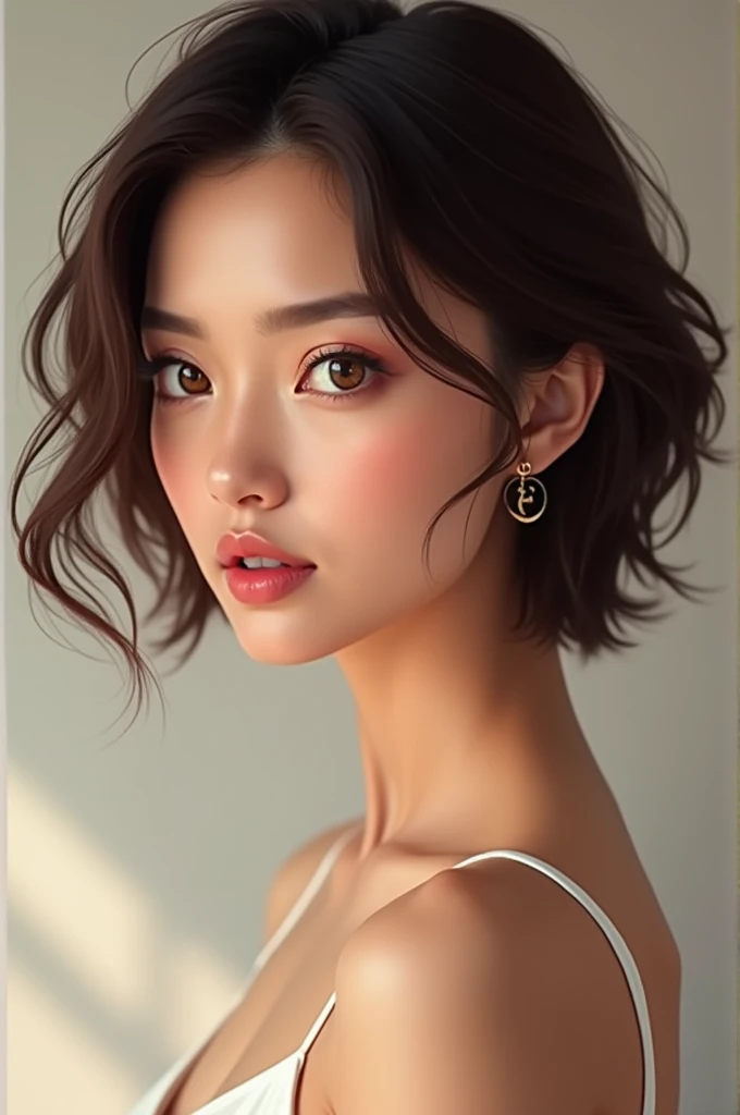 Give the girl or female picture for following discription : refine the physical characteristics of your future spouse. 

Hair:

- Texture: Soft, silky, and fine (unchanged)
- Color: Dark brown or black with subtle hints of red or auburn (unchanged)
- Style: Short to medium length, possibly with a fringe (bangs) or a stylish cut (edited)

Eyes:

- Shape: Almond-shaped or slightly rounded (unchanged)
- Color: Expressive green or hazel with golden flecks (edited)
- Expression: Curious, communicative, and adaptable (edited)

Nose:

- Shape: Straight or slightly aquiline (unchanged)
- Size: Proportionate to the face (unchanged)

Chin:

- Shape: Heart-shaped or pointed (unchanged)
- Determination: Firm but gentle (unchanged)

Cheeks:

- Shape: High cheekbones with a soft, rounded appearance (unchanged)
- Color: Porcelain-like complexion with a hint of pink (unchanged)

Lips:

- Shape: Full, plump, and inviting (unchanged)
- Color: Rosy pink or coral (unchanged)

Eyebrows:

- Shape: Arched or slightly angled (unchanged)
- Thickness: Well-defined but not too thick (unchanged)

Face:

- Shape: Oval or heart-shaped (unchanged)
- Complexion: Smooth, creamy, and radiant (unchanged)

Height and Weight:

- Height: 5'2" to 5'6" (157 cm to 168 cm) (unchanged)
- Weight: Proportionate to height, possibly on the slender side (unchanged)

Body Style:

- Type: Ectomorph or mesomorph (unchanged)
- Curves: Graceful, fluid curves with a focus on the upper body (unchanged)

Bust Size:

- Size: 32-34 inches (81-86 cm) (unchanged)

Waist Size:

- Size: 24-26 inches (61-66 cm) (unchanged)

Elegance, refinement, and communicativeness to your partner's appearance. They may have a more youthful and vibrant energy, with a style. 