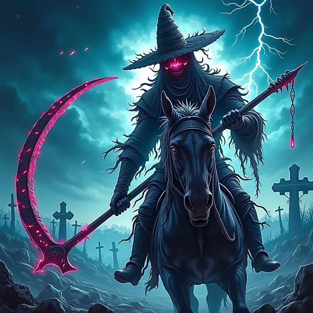 (Best quality,4k,8k,high resolution,masterpiece:1.2),ultra-detailed,Realistic:1.37,dark soul boss style,scary steel mask,background haunted,scythe weapon,fantastic corrupted farmer outfit, riding an evil horse, energy flows around the body,electric battle aura,Dynamic lighting,ominous atmosphere,lightning,Sinister and desolate,twisted trees,scary fog, Disturbing shadows, weathered scarecrows, distorted landscapes, haunting whispers, threatening skies, crumbling ruins, a threatening storm brewing, lingering sense of darkness, ominous runes, broken tombstones, mystery and suspense, brutal and intense, #39;dread and fear, gothic elements, oppressive silence, threatening presence, atmosphere full of horror, dark and tormented souls, sinister energy, evoking a feeling of doom, a reality steeped in nightmares, writes "FarmMasteR" an background