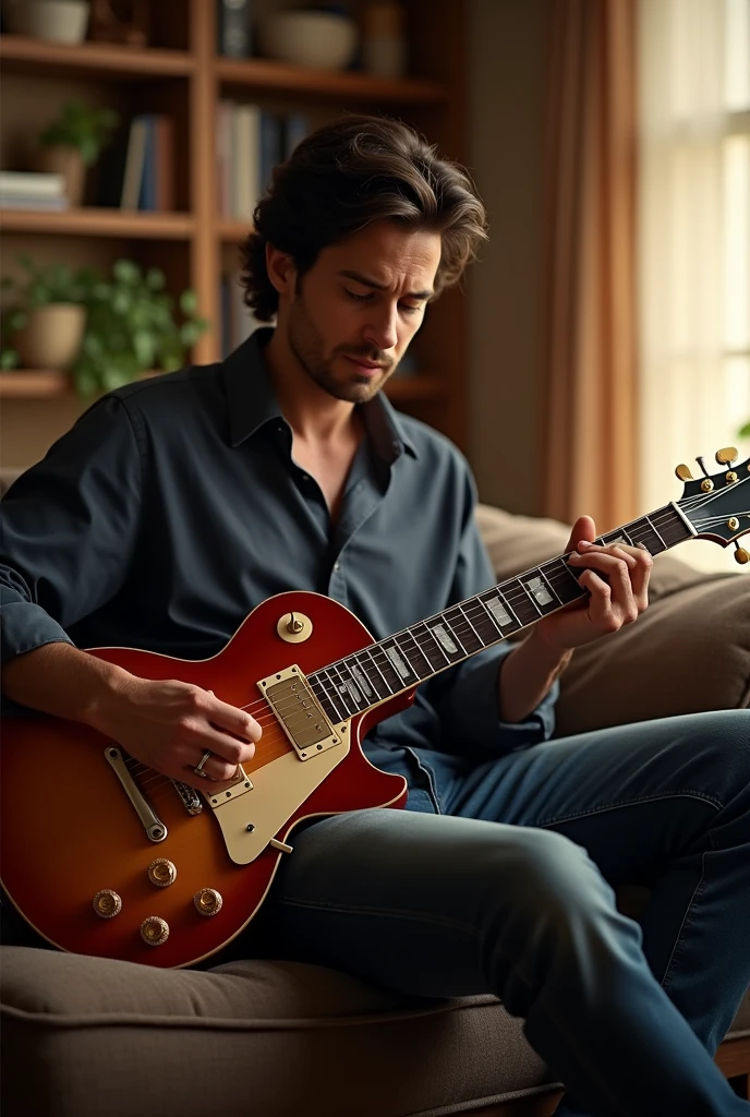 (Photorealism:1.1)  a man with dark brown hair and brown eyes playing a Gibson Les Paul on the couch at home 8k ultra realistic super detailed
