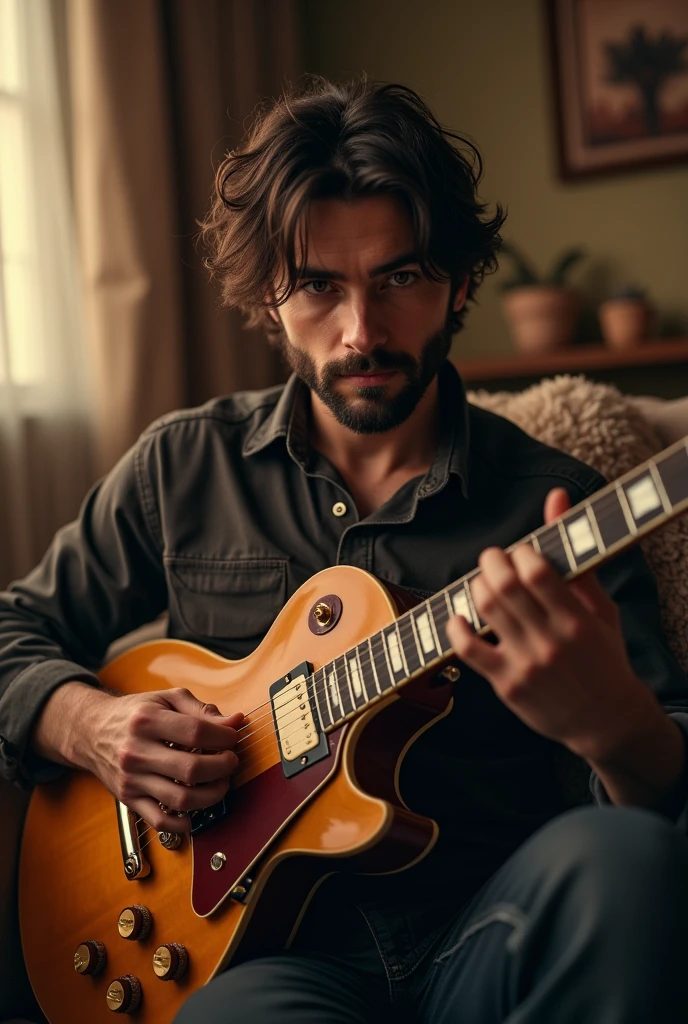 (Photorealism:1.1) a man with dark brown hair and brown eyes playing a Gibson Les Paul on the couch at home 8k ultra realistic super detailed