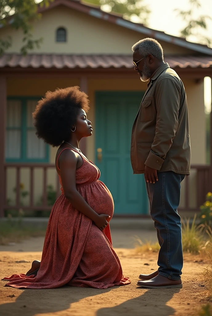 With a small pregnancy bump Generate an image of a gorgeous black curvy skinny beautiful lady with Afro hair kneeling down and begging a middle looking man standing infront of a small house. The pregnant woman should be wearing a long dresses covering her body
