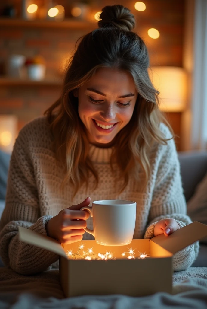 Make a profile picture of a happy person for a coffee mug gift, do it looking at the coffee cup, make it realistic, do it by opening the gift, Leave it like that but improve the cup, Just like that but more realistic, have him take the mug out of a gift box, make the cup more visible, make the box bigger, make the box open, make the box open y que se vea más la taza, Just like that but with more light, make the box more visible, that the woman is white
