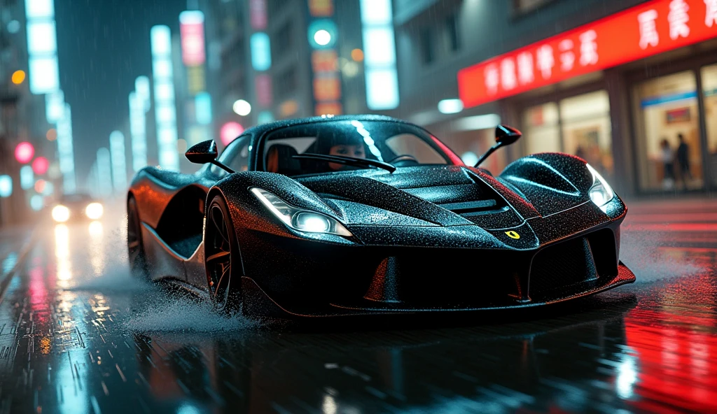 black ferrari sports car in motion running at night in the rain on the streets of tokyo with an asian girl inside it