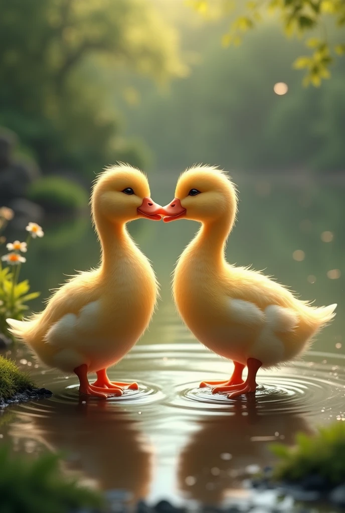 A duck that is kissing another duck
