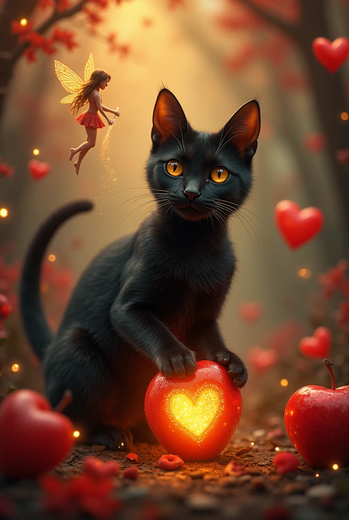 Here is a detailed prompt in English for generating an AI image:

"A vibrant and captivating scene that merges the Lover, Creator, and Magician archetypes, ideal for a sales campaign. In the foreground, a sleek and elegant black cat, symbolizing mystery and allure, playfully interacts with a golden apple, which glows with a soft, inviting light. Surrounding the cat are floating hearts, symbolizing passion and connection. To the side, a delicate fairy hovers, holding a shimmering magic wand that emits a trail of sparkling stardust. The background features a blend of warm, inviting colors that evoke creativity and magic, with subtle elements that reinforce the themes of love, creation, and transformation. The overall mood is enchanting, drawing the viewer in with a sense of wonder and desire."

This prompt should provide a rich, imaginative image aligned with the desired archetypes and elements.
