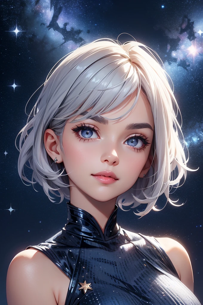 Grey Hair Short Hair Grey Eyes beautiful girl Star hair ornament Navy blue star pattern dress night Starry Sky Gentle smile