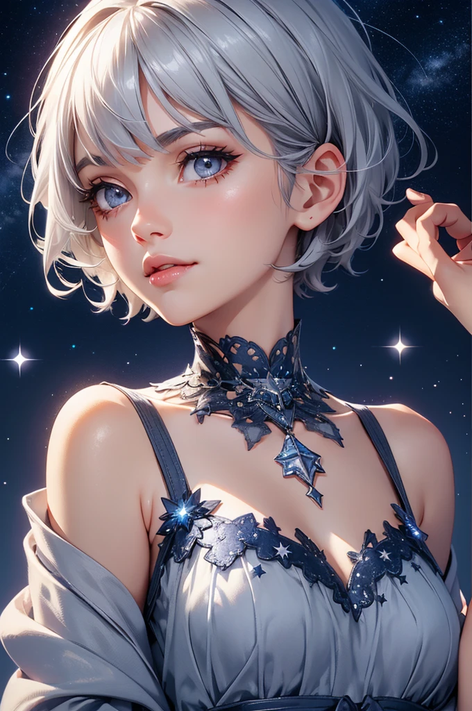Grey Hair Short Hair Grey Eyes beautiful girl Star hair ornament Navy blue star pattern dress night Starry Sky Gentle smile