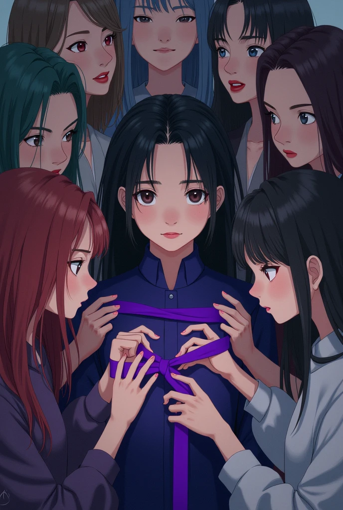 10 Girls tied together by a purple ribbon on their wrist protecting an Asian named Min Yoongi