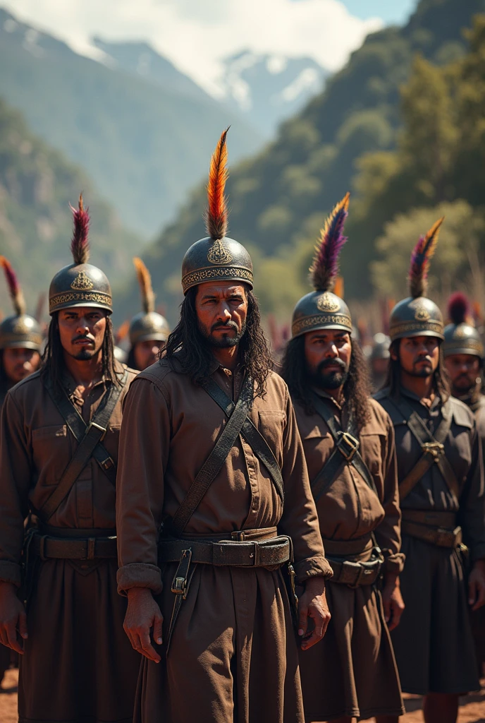 Images where the three Angulos brothers who are the linertadores of Peru and Pumacahua were captured by the Spanish and are dressed in dark brown clothes with helmets with feathers