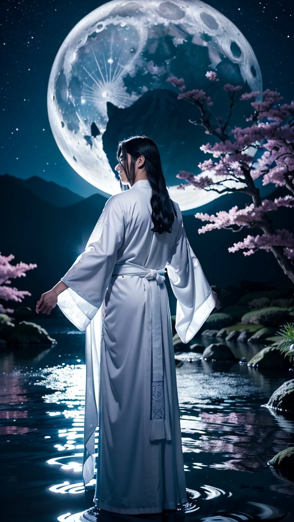 **Prompt:** Create an ultra-realistic 8K resolution image of Tsukuyomi, the Japanese moon god from Shinto mythology. Tsukuyomi is depicted as a majestic and serene figure, embodying the tranquil beauty and mystique of the moon. He has long, flowing silver hair that cascades down his back, shimmering like moonlight. His eyes are a deep, glowing silver, reflecting the calm and ethereal nature of the night. His expression is serene, yet holds a hint of aloofness, as he gazes towards the heavens.
He is dressed in an intricately designed traditional Japanese robe, adorned with patterns of the moon and stars, in shades of deep blue, silver, and white. The robe flows around him like a gentle breeze, giving the impression of floating in a celestial realm. Tsukuyomi holds a delicate, ornate staff, topped with a crescent moon, symbolizing his dominion over the night.
The background features a stunning full moon illuminating a serene, night-time landscape with gentle waves reflecting the moonlight. The scene is serene and otherworldly, capturing the divine and timeless essence of Tsukuyomi as the revered moon god.