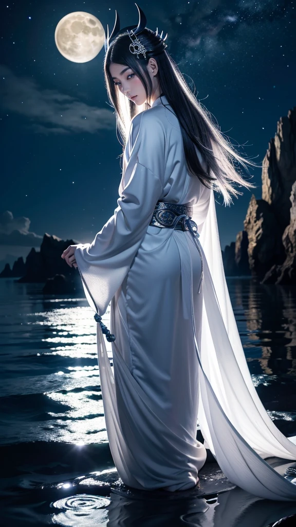 **Prompt:** Create an ultra-realistic 8K resolution image of Tsukuyomi, the Japanese moon god from Shinto mythology. Tsukuyomi is depicted as a majestic and serene figure, embodying the tranquil beauty and mystique of the moon. He has long, flowing silver hair that cascades down his back, shimmering like moonlight. His eyes are a deep, glowing silver, reflecting the calm and ethereal nature of the night. His expression is serene, yet holds a hint of aloofness, as he gazes towards the heavens.

He is dressed in an intricately designed traditional Japanese robe, adorned with patterns of the moon and stars, in shades of deep blue, silver, and white. The robe flows around him like a gentle breeze, giving the impression of floating in a celestial realm. Tsukuyomi holds a delicate, ornate staff, topped with a crescent moon, symbolizing his dominion over the night.

The background features a stunning full moon illuminating a serene, night-time landscape with gentle waves reflecting the moonlight. The scene is serene and otherworldly, capturing the divine and timeless essence of Tsukuyomi as the revered moon god.
