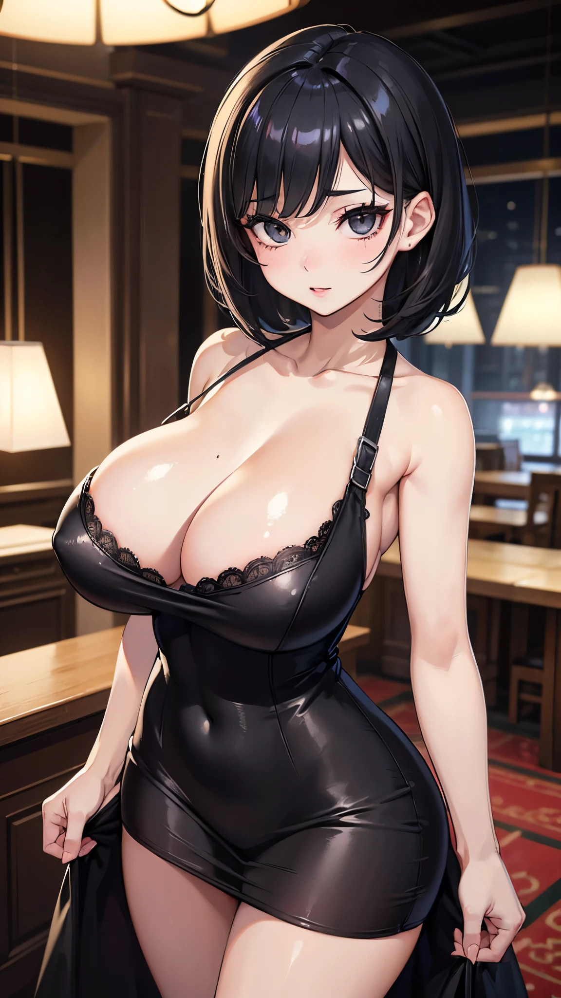 (masterpiece, 最high quality, 超High resolution, Very detailed), (Realistic:1.1, photoRealistic:1.4), Perfect illustration, Perfect lighting,Perfectly detailed hair, Perfect and exquisite face, Perfect collarbone, Perfect body,Juicy breasts, Perfect Thighs, Beautiful legs, View your audience, 1 person,Perfect Face, (Perfect Anatomy, Anatomically correct), Symmetrical face、((Shiny Hair)),Sexy Body、(masterpiece),(最high quality:1.3),8k,Very clear,(Ultra-realistic),Captivating woman,(high quality, High resolution, The finer details), Realisticなスタイルの女性,Juicy breasts、Perfect Woman、Perfect Face、Symmetrical face、、((Big breasts))、blush、((Juicy lips))、(((Short black hair)))、((Large, double-set black eyes、Long eyelashes))、(Red Makeup)、(((Reveal naughty dresses)))、(Healthy and well-developed body)、((Big tits jk))、(indoor、Restaurant at night)
