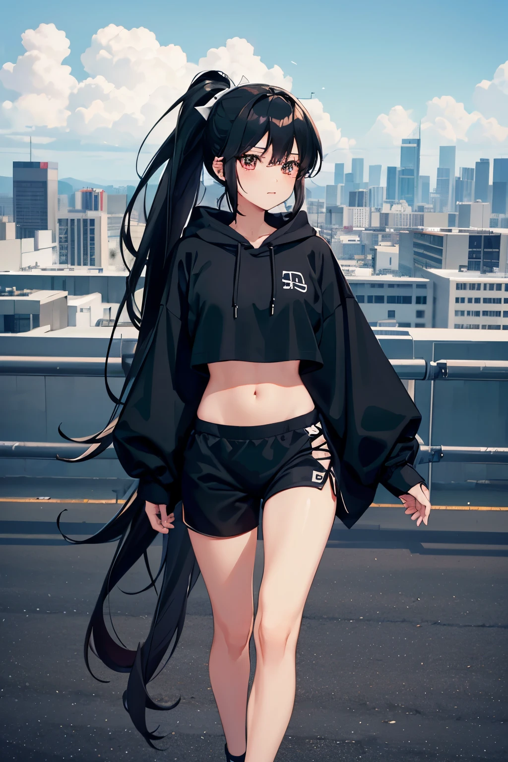 very good image, a cute beautiful anime tomboy girl, long black hair, ponytail, black crop top hoodie, black training pants, city(hd view), high quality, high details, 8k, high res