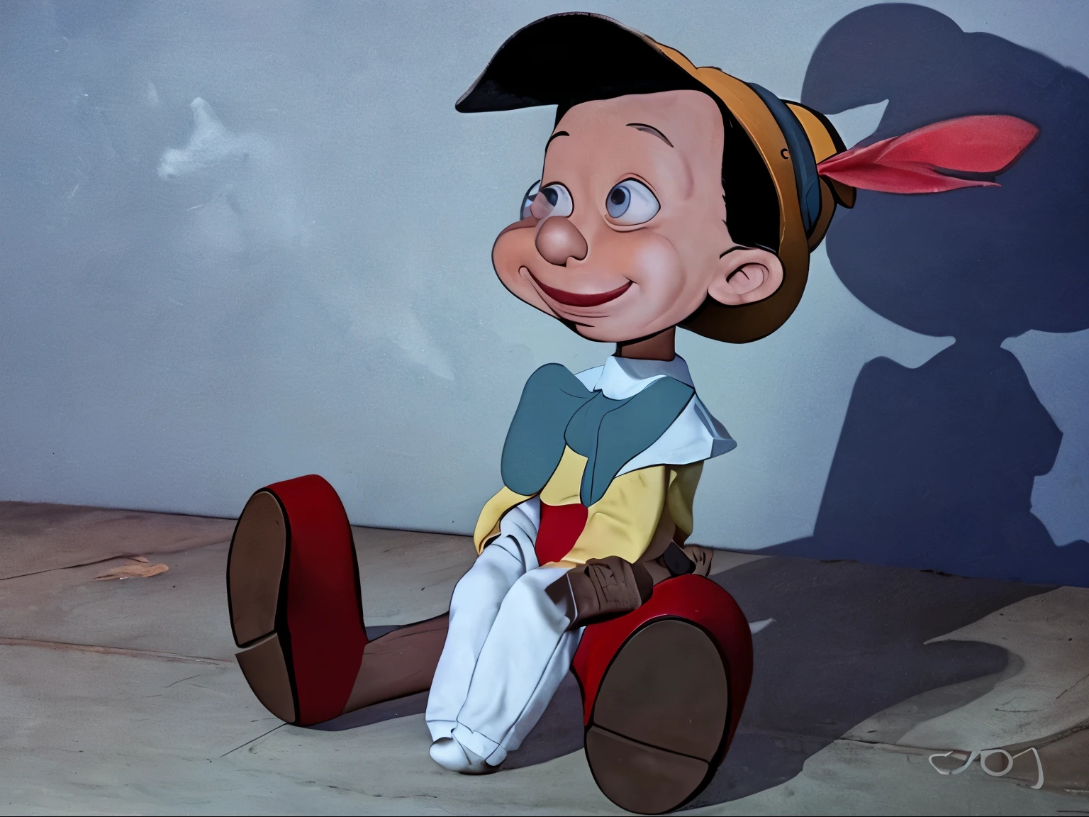 a real life boy sitting with a yellow hat and a big wood nose and red shoes