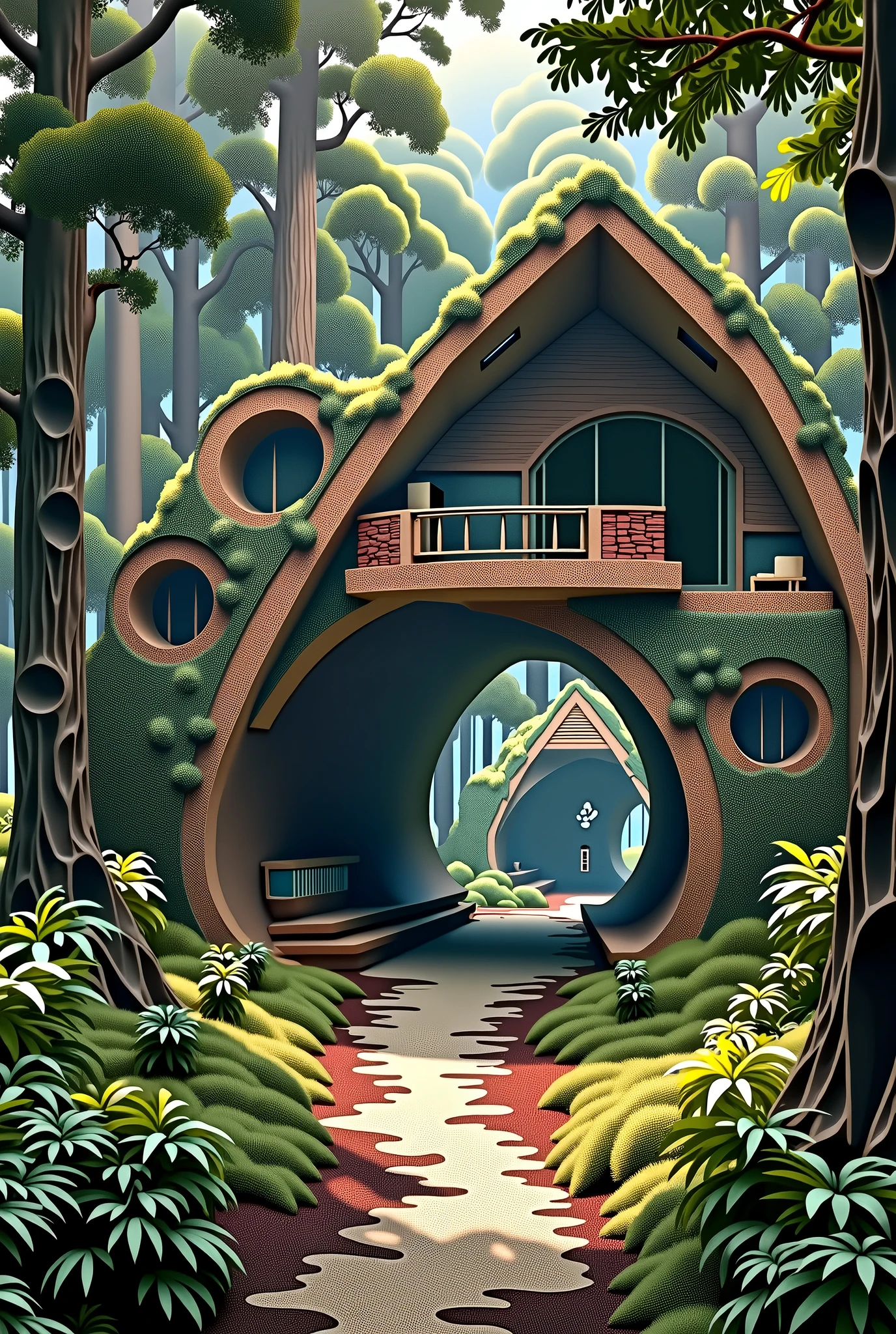 in the forest ièm staring to build a giant corridor with the ground earth ((((( keeping the earth as the ground ))))) and using the trees as my posts and creating an original roof modern, geos far and long there are no real house as we know them roof in wood and windows, kitchen fire plce brique rocks... indiens living outside