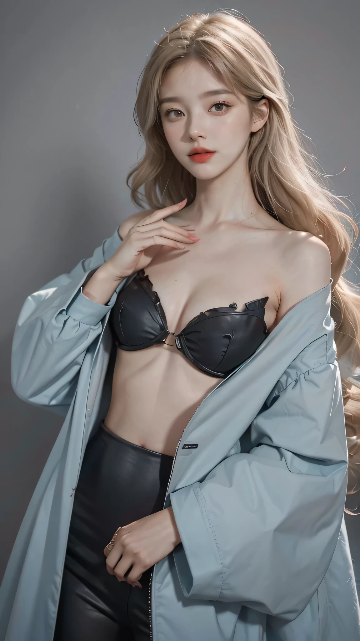Girl wearing, luxury cyan coat, shoulder length hair, wavy hair, glowing skin, star in eye, red lips, grey background, cute poses , upper body, light blonde hair, full covered clothing.