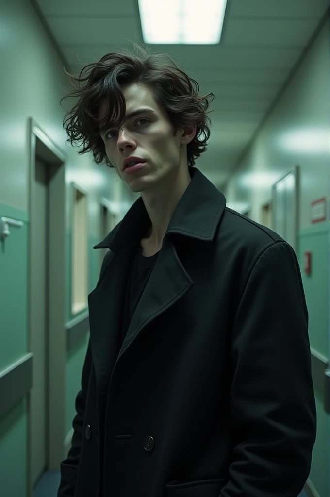 A young man with a butt face, a black coat and poop hair, he is in a room in a mental hospital