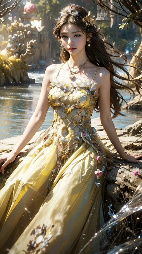 8K, ultra hd, masterpiece, 1 girl, (good face:1.4), detailed eyes, very long hair, impressive hairstyle, earings, necklace, small breasts, (yellow dress:1.5), see-through, (fantasy dress:1.5) Light-colored foundation brings out the transparency of the skin, (in the wonderland:1.5), mystery, diwali lights, glowing lights, very decoration, The lights falls like water, perfect front body, sitting,