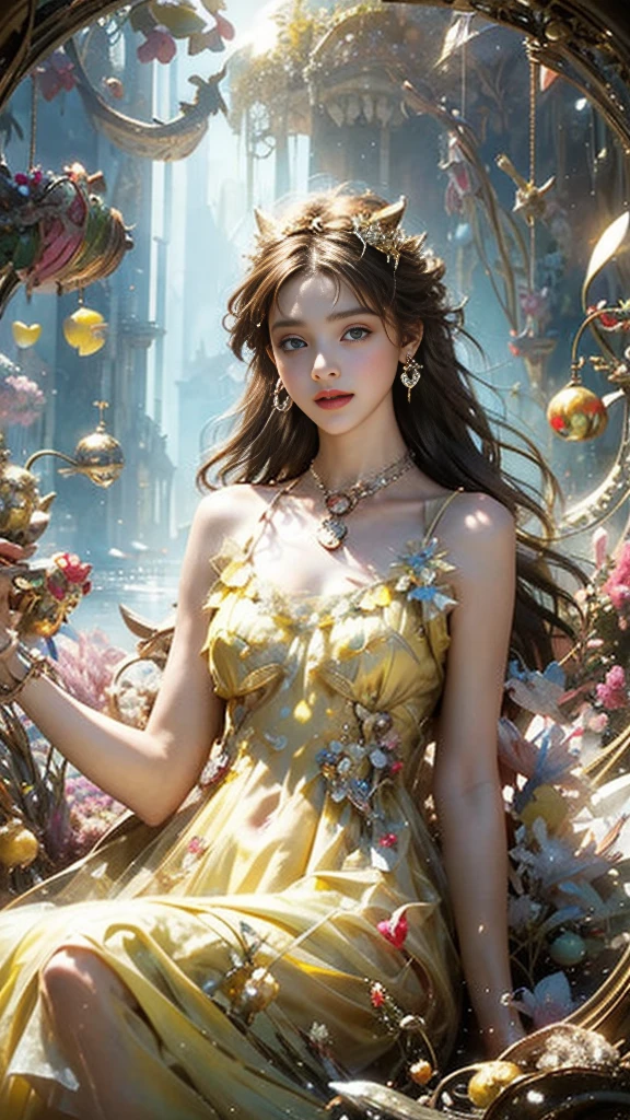 8K, ultra hd, masterpiece, 1 girl, (good face:1.4), detailed eyes, very long hair, impressive hairstyle, earings, necklace, small breasts, (yellow dress:1.5), see-through, (fantasy dress:1.5) Light-colored foundation brings out the transparency of the skin, (in the wonderland:1.5), mystery, diwali lights, glowing lights, very decoration, The lights falls like water, perfect front body, sitting,