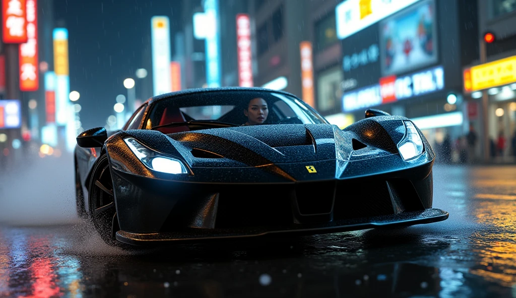 black ferrari sports car in motion running at night in the rain on the streets of tokyo with an asian girl inside it