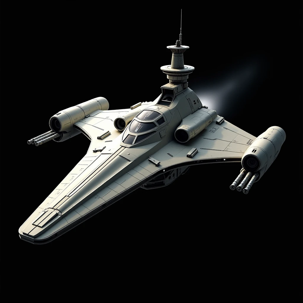 Spaceship.The ship has a square bottom shape..There is a control tower as a control tower for ships..There are 4 gun turrets in the front and back..There is one propulsion jet behind the ship.