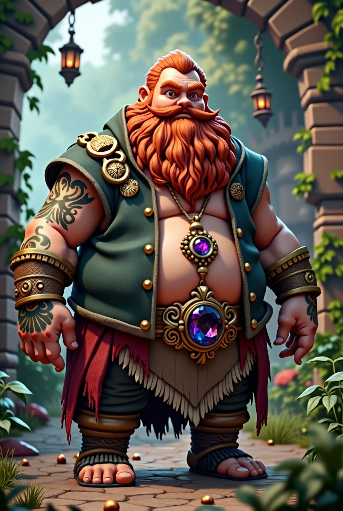 create a fantasy dwarf rpg. A corpulent dwarf, with medium beard and braided hair, both redheads. He has a large tattoo on his left arm. He wears a necklace with a large amethyst around his neck., given by his father as a symbol of good luck.