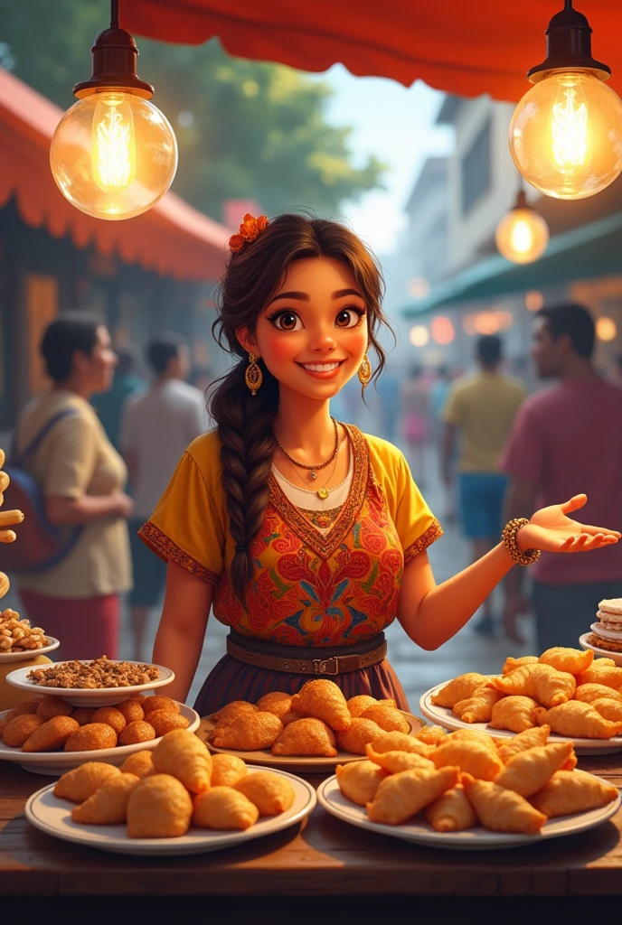 Woman selling snacks and empanadas smiling