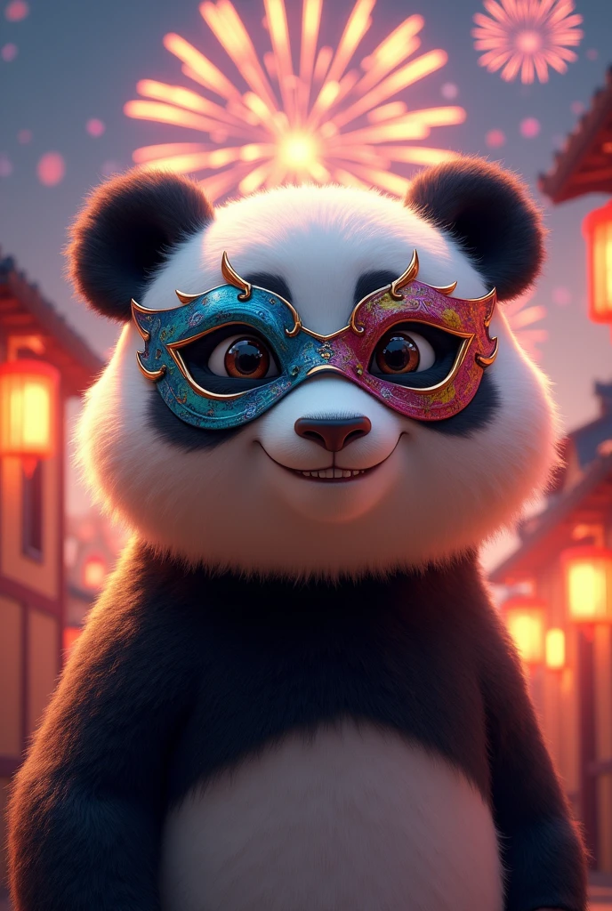 Draw a semi realistic panda, pleasant and determined look, wearing a party mask and being at a fireworks festival in a small town.